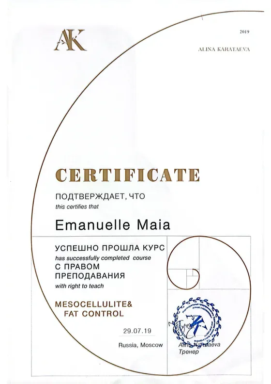 Certificado Mesocellulite & Fat Control, AK Academy, Moscou