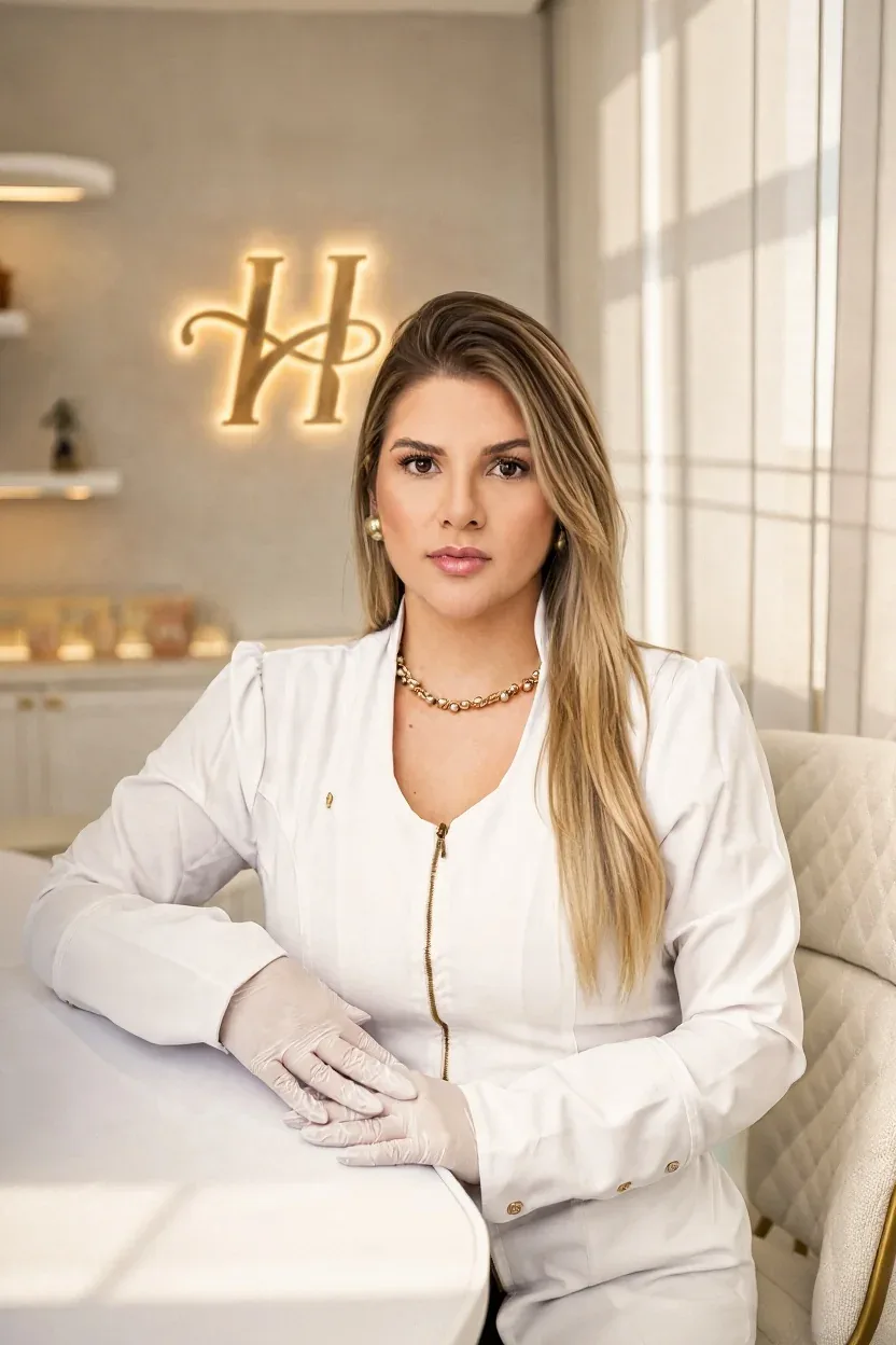 Dra. Manu Maia, Biomédica Esteta, de jaleco branco na Harmonelle Clínica, com o H da marca iluminado na parede